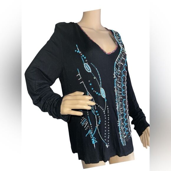 CHICO'S Southwest Boho WOMEN'S SHIRT BLOUSE V-NECK Tunic Black Beaded SZ 3 - Picture 2 of 5